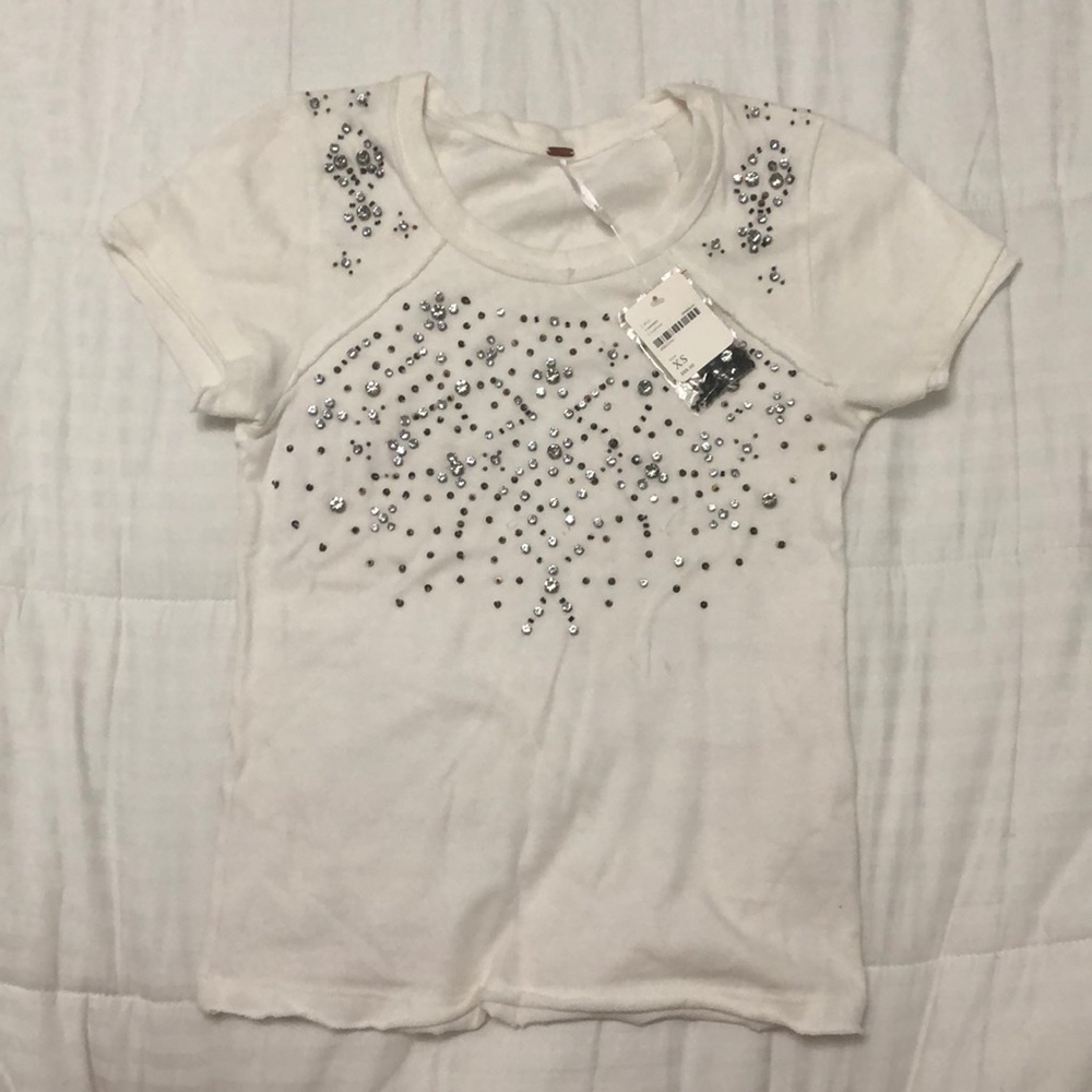 NWT Free People White Rhinestone Beaded Top